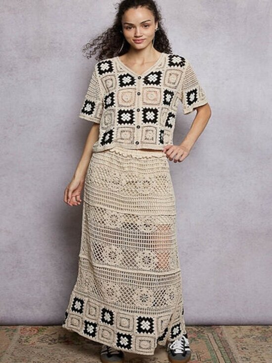 POL Dresses & Skirts - Floral Crochet Ruffled Waistband Maxi Skirt with Granny Square Weave